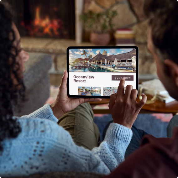 Family members looking at a real estate listing on a tablet