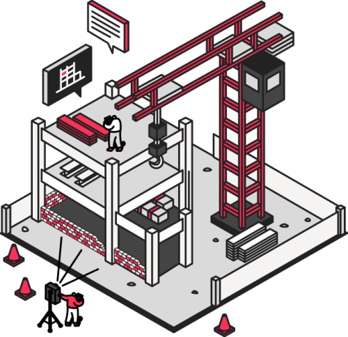 An illustration of a building under construction being scanned by a Pro3 Camera